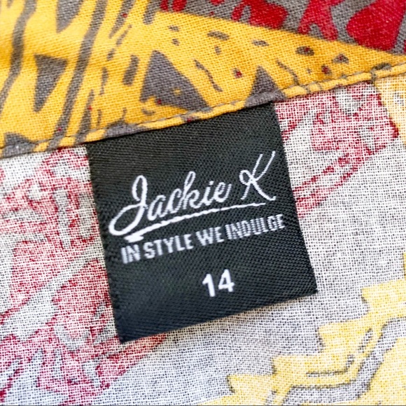 Jackie K Button Down Shirt Women 14 Red Yellow S/S Tribal Aztec Fiji Africa Top - Picture 5 of 6